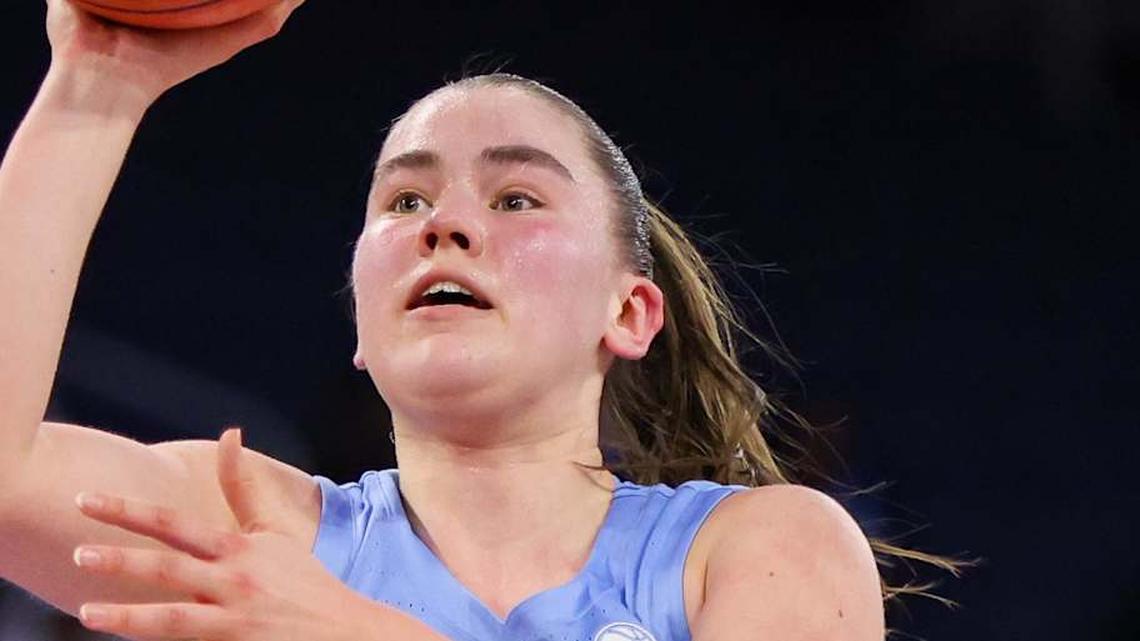  Mar 7, 2026; Duluth, GA, USA; North Carolina Tar Heels guard Elina Aarnisalo (17) shoots against the Louisville Cardinals in the second quarter at Gas South Arena. Mandatory Credit: Brett Davis-Imagn Images | Brett Davis-Imagn Images 
