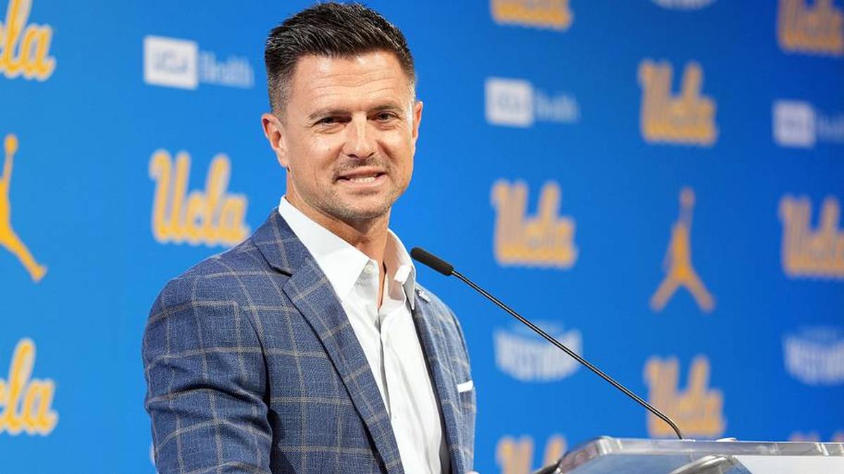  Dec 9, 2025; Los Angeles, CA, USA; UCLA Bruins football coach Bob Chesney speaks at introductory press conference at Renee Luskin Conference Center Centennial Ballroom. Mandatory Credit: Kirby Lee-Imagn Images | Kirby Lee-Imagn Images 