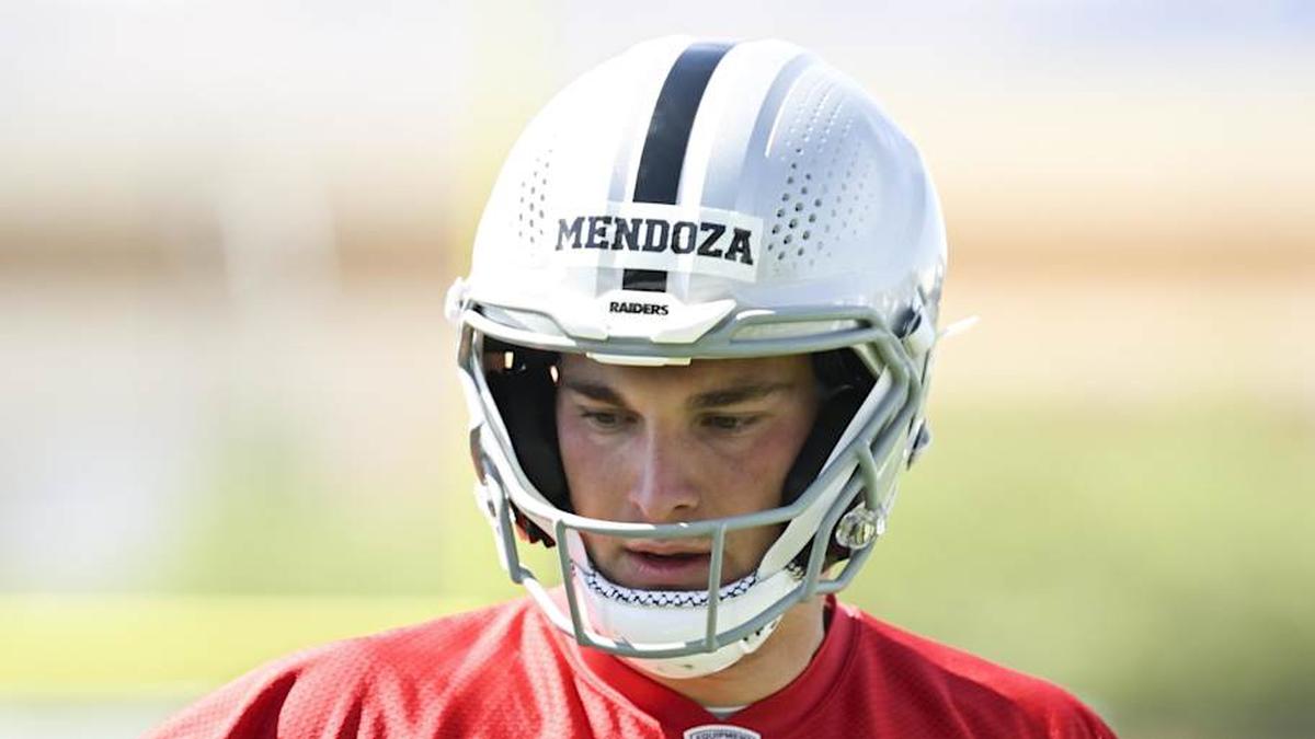  May 2, 2026; Henderson, NV, USA; Las Vegas Raiders quarterback Fernando Mendoza (15) runs through a drill during a Rookie Minicamp at Intermountain Health Performance Center. Mandatory Credit: Candice Ward-Imagn Images | Candice Ward-Imagn Images 