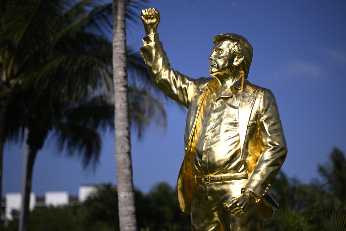  A statue of President Donald Trump near the ninth tee at Trump National Doral Miami on April 30, 2026, in Doral, Florida. 