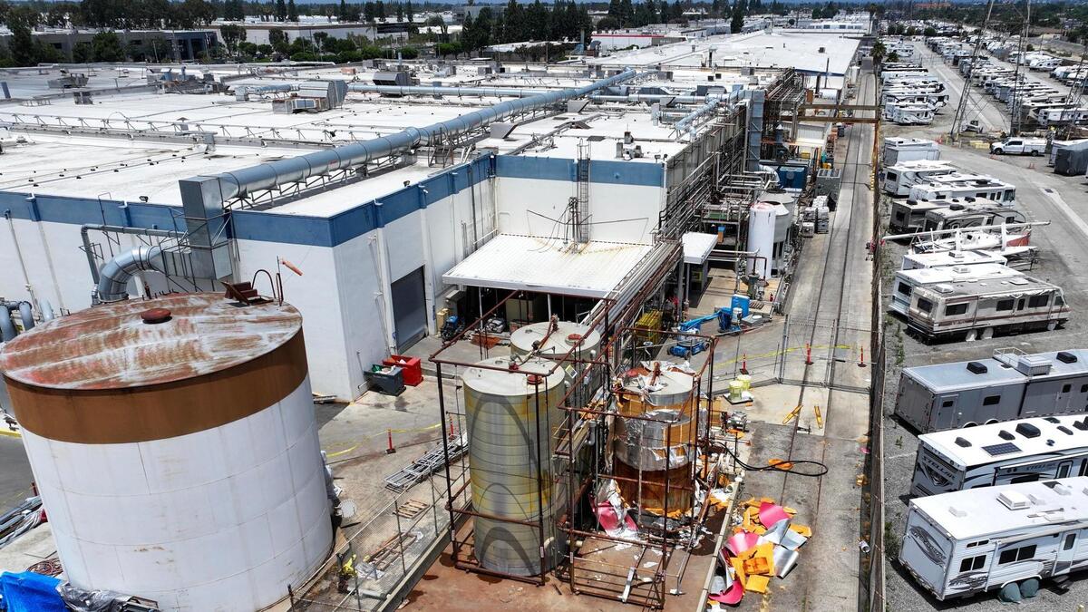 A peeling tank at GNK Aerospace made for Methyl Methacrylate sits behind the facility in Garden Grove, CA, on Friday, June 5, 2026. Thousands of residents in Stanton and portions of Garden Grove and Anaheim left their homes for days during the Memorial Day weekend as authorities worked to neutralize the MMA at 12122 Western Ave. amid fears it would leak out or the thank would explode. (Photo by Jeff Gritchen, Orange County Register/SCNG)