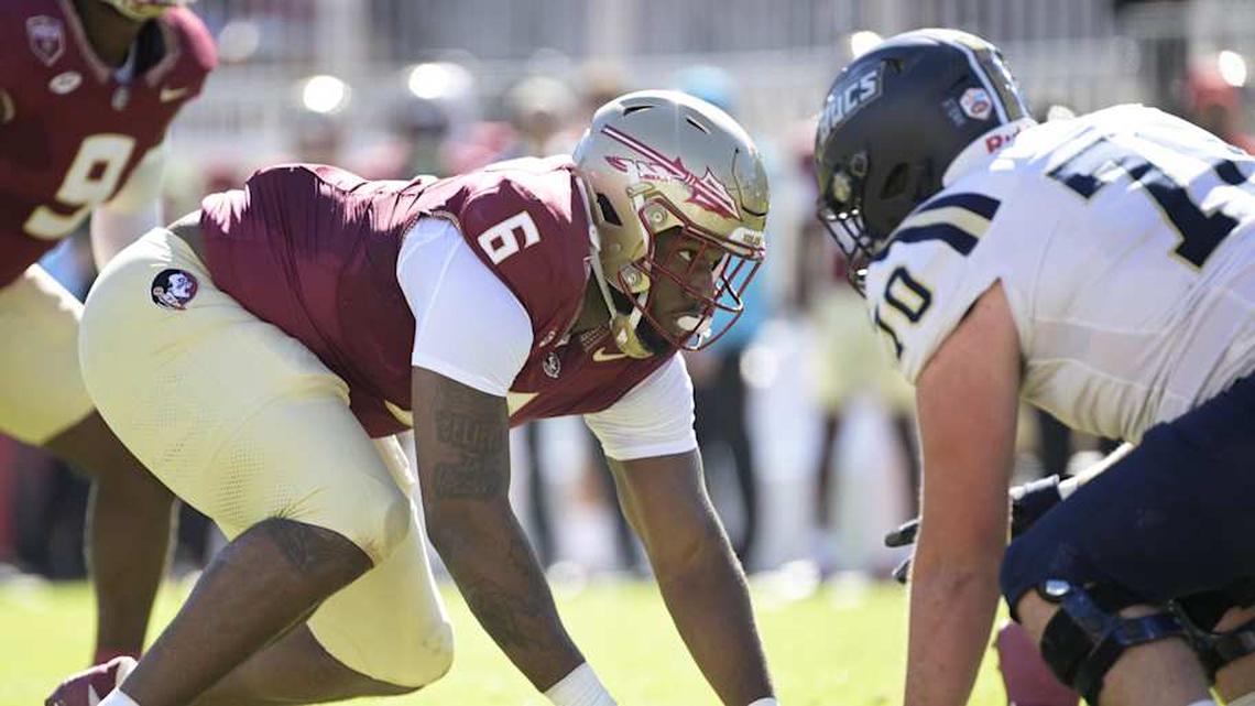  Nov 23, 2024; Tallahassee, Florida, USA; Florida State Seminoles defensive lineman Darrell Jackson Jr. (6) prepares for the snap during the first quarter against the Charleston Southern Buccaneers at Doak S. Campbell Stadium. Mandatory Credit: Melina Myers-Imagn Images | Melina Myers-Imagn Images 