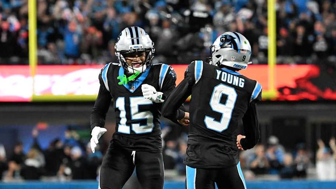  Jan 10, 2026; Charlotte, NC, USA; Carolina Panthers quarterback Bryce Young (9) and wide receiver Jimmy Horn Jr. (15) reacts in the fourth quarter in an NFC Wild Card Round game at Bank of America Stadium. Mandatory Credit: Bob Donnan-Imagn Images | Bob Donnan-Imagn Images 