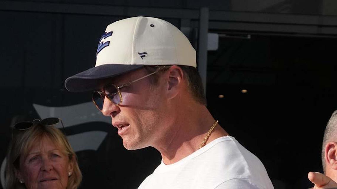  Mar 21, 2026; Los Angeles, CA, USA; Founders FFC quarterback Tom Brady (12) talks with fans during the Fanatics Flag Football Classic at BMO stadium. Mandatory Credit: Kirby Lee-Imagn Images | Kirby Lee-Imagn Images 