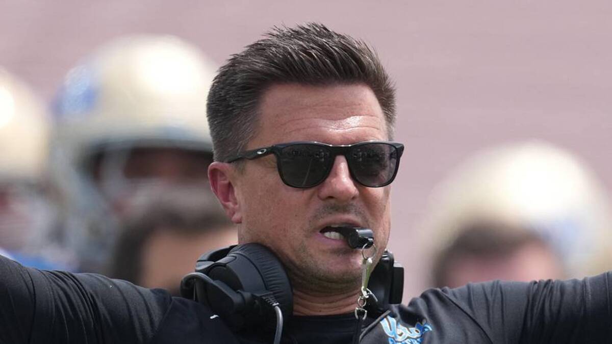  May 2, 2026; Pasadena, CA, USA; UCLA Bruins coach Bob Chesney reacts during the spring game at Rose Bowl. Mandatory Credit: Kirby Lee-Imagn Images | Kirby Lee-Imagn Images 