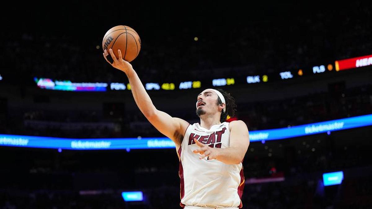  Apr 12, 2026; Miami, Florida, USA; Miami Heat forward Jaime Jaquez Jr. (11) shoots against the Atlanta Hawks during the second half at Kaseya Center. Mandatory Credit: Jim Rassol-Imagn Images | Jim Rassol-Imagn Images 