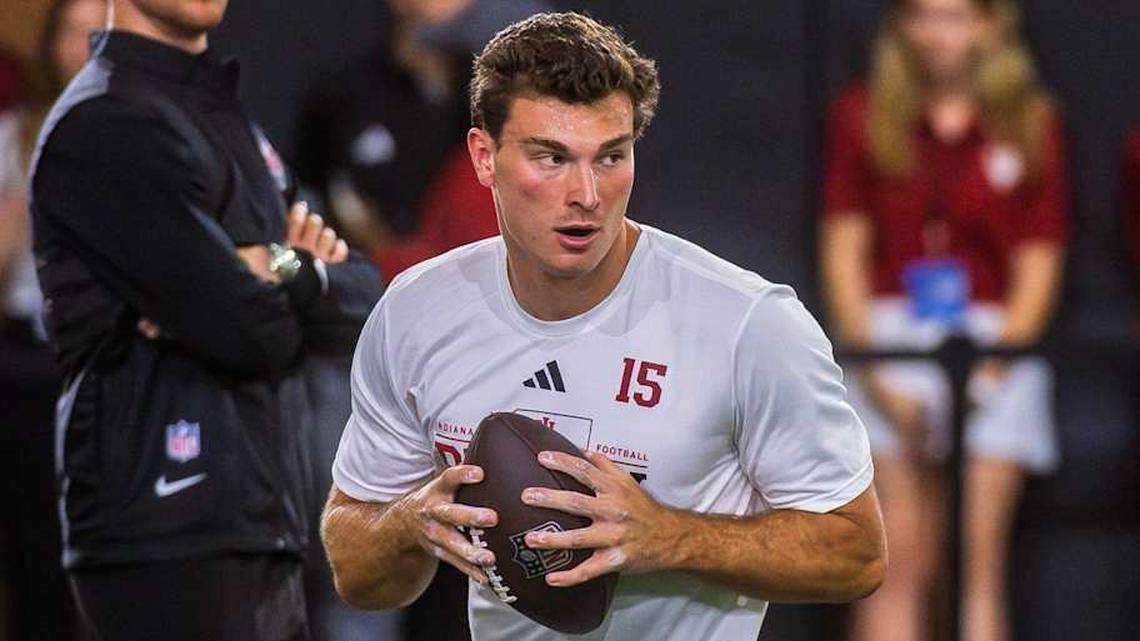  Fernando Mendoza participates in Indiana University's Pro Day at Mellencamp Pavilion on Wednesday, April 1, 2026. | Rich Janzaruk/Herald-Times / USA TODAY NETWORK via Imagn Images 