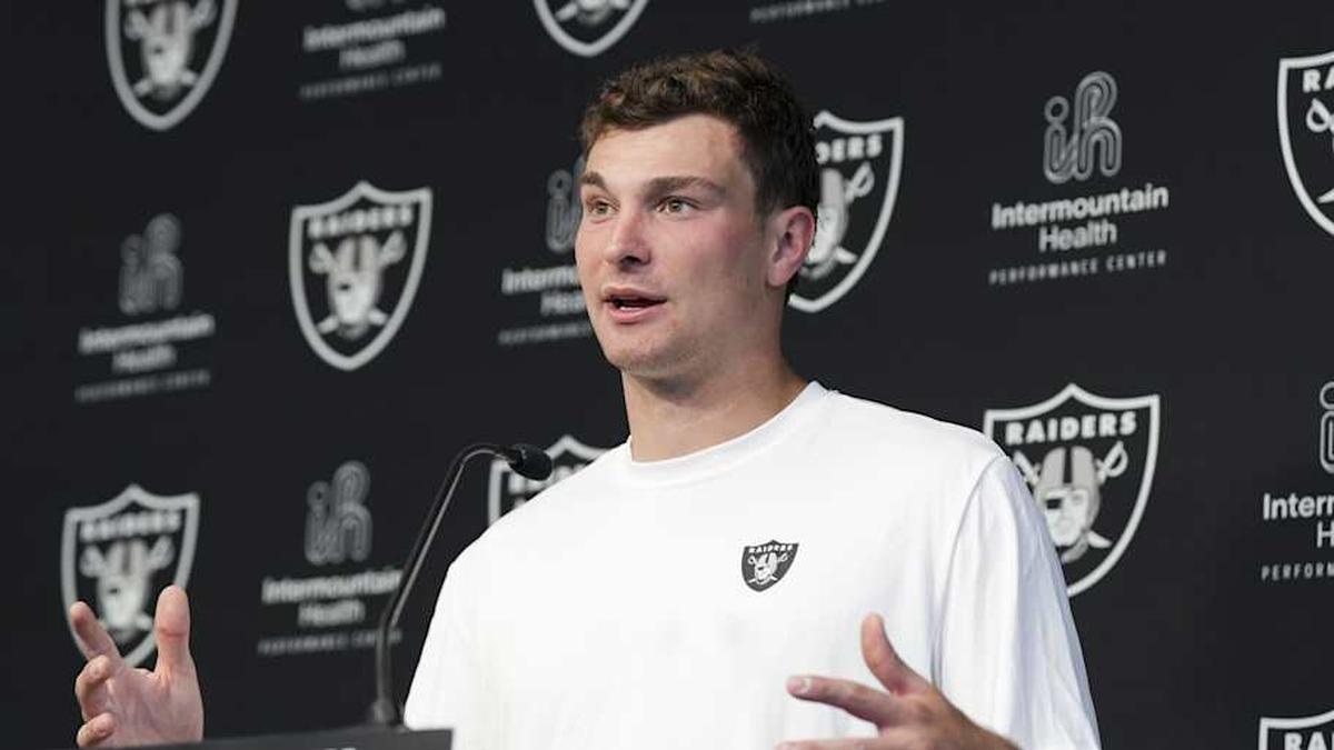  May 2, 2026; Henderson, NV, USA; Las Vegas Raiders quarterback Fernando Mendoza (15) speaks during a news conference at the team's Rookie Minicamp at Intermountain Health Performance Center. Mandatory Credit: Candice Ward-Imagn Images | Candice Ward-Imagn Images 