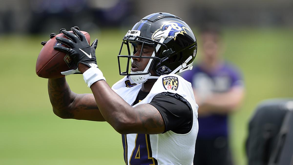 Baltimore Ravens wide receiver Sammy Watkins catches a pass during NFL football organized team activities Wednesday, June 2, 2021, in Owings Mills, Md.(AP Photo/Gail Burton)