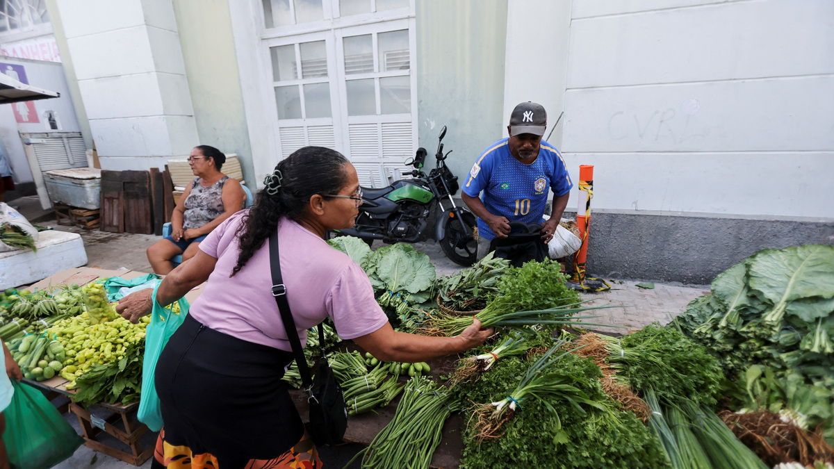 A woman sells vegetables at the Ver-o-Peso market in Belem, Brazil, November 14, 2025. REUTERS/Anderson Coelho