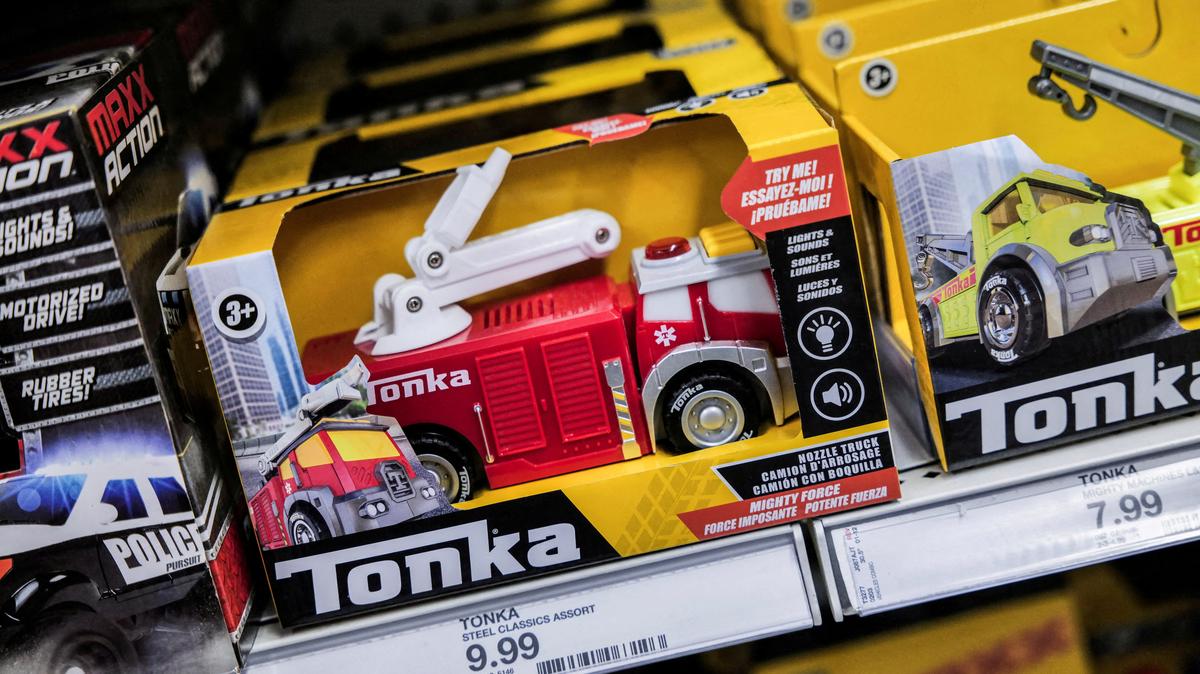 FILE PHOTO: Tonka toys, sold by Basic Fun!, are displayed at a store in New York City, U.S., April 9, 2025. REUTERS/Jeenah Moon//File Photo