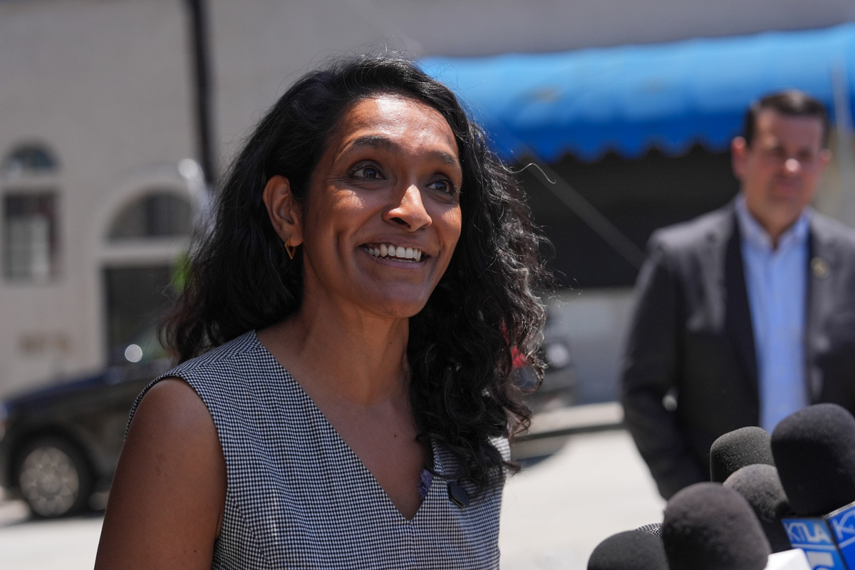  Los Angeles mayoral candidate Nithya Raman talks to reporters after a campaign event in Los Angeles, Monday, June 1, 2026. 