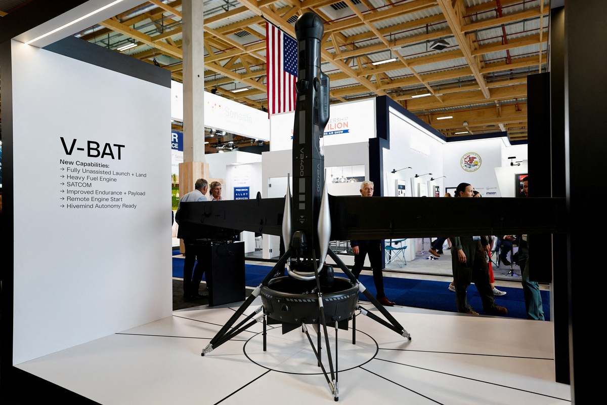 FILE PHOTO: A Shield AI MQ-35 V-BAT vertical take-off and landing unmanned aerial vehicle (UAV) is displayed at the 55th International Paris Airshow at Le Bourget Airport near Paris, France, June 17, 2025. REUTERS/Benoit Tessier/File Photo
