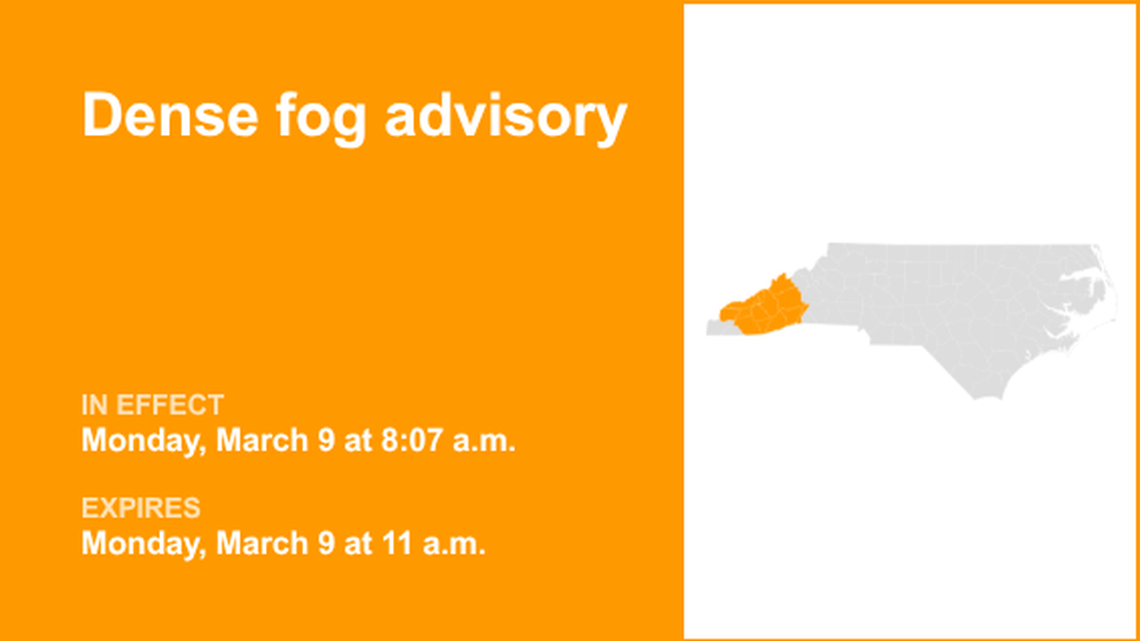 UPDATE: Dense fog advisory in place for Western North Carolina Monday midday 