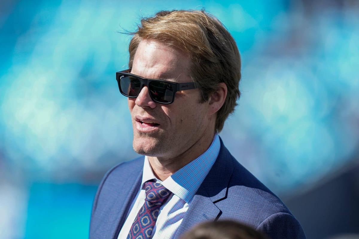  Nov 19, 2023; Charlotte, North Carolina, USA; Former Panther and now announcer Greg Olsen during pregame warm ups between the Carolina Panthers and the Dallas Cowboys at Bank of America Stadium. Mandatory Credit: Jim Dedmon-USA TODAY Sports 