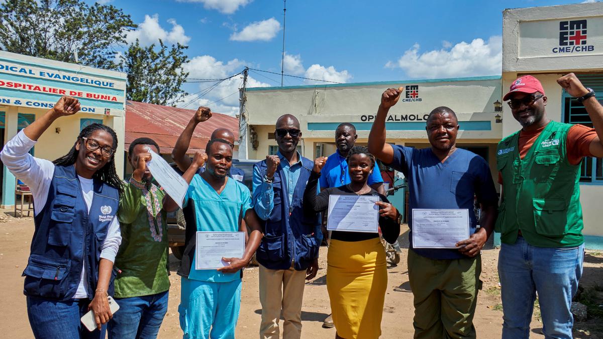 Congolese health workers who recovered from the Ebola virus pose for a photograph at the Evangelical Medical Center (CEM), as agencies intensify efforts to contain a new Ebola outbreak caused by the Bundibugyo virus strain, in Bunia, Ituri province, Democratic Republic of Congo, May 31, 2026. REUTERS/Gradel Muyisa Mumbere