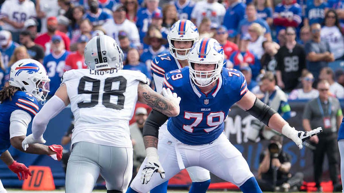  Sep 17, 2023; Orchard Park, New York, USA; Buffalo Bills offensive tackle Spencer Brown (79) prepares to block Las Vegas Raiders defensive end Maxx Crosby (98) to protect quarterback Josh Allen (17) in the fourth quarter at Highmark Stadium. Mandatory Credit: Mark Konezny-Imagn Images | Mark Konezny-Imagn Images 