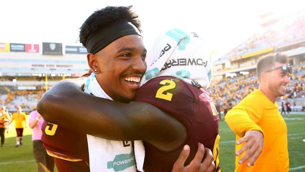  Arizona State Sun Devils quarterback Jayden Daniels (5) and wide receiver Brandon Aiyuk (2) celebrate their 38-34 win over Washington State on Oct. 12, 2019 in Tempe, Ariz. | Rob Schumacher/The Republic / USA TODAY NETWORK via Imagn Images 