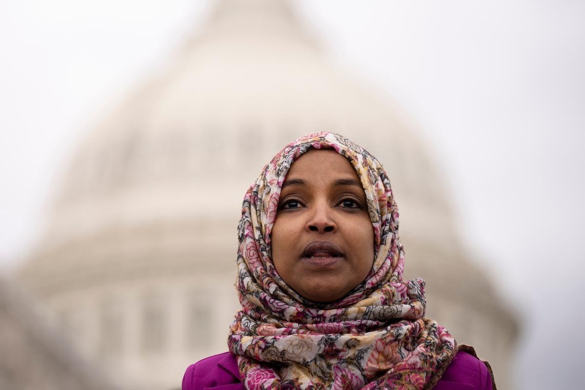 Rep. Ilhan Omar (D-MN) speaks during a news conference outside the U.S. Capitol on Jan. 26, 2023, in Washington, D.C. (Drew Angerer/Getty Images/TNS)