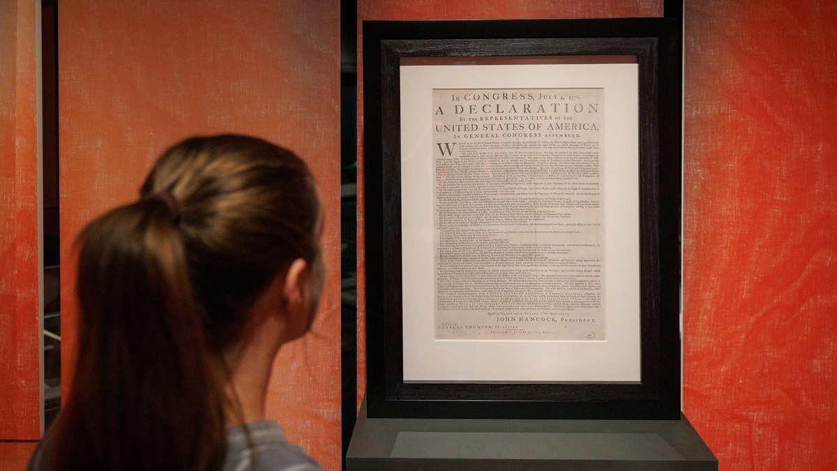 A 1776 copy of the U.S. Declaration of Independence, one of the 11 surviving copies of the so-called "Exeter Declarations", and the first to be found outside the United States, which has been discovered at The National Archives in Kew, is displayed in this handout image obtained by Reuters on July 3, 2026.    The National Archives/Handout via REUTERS