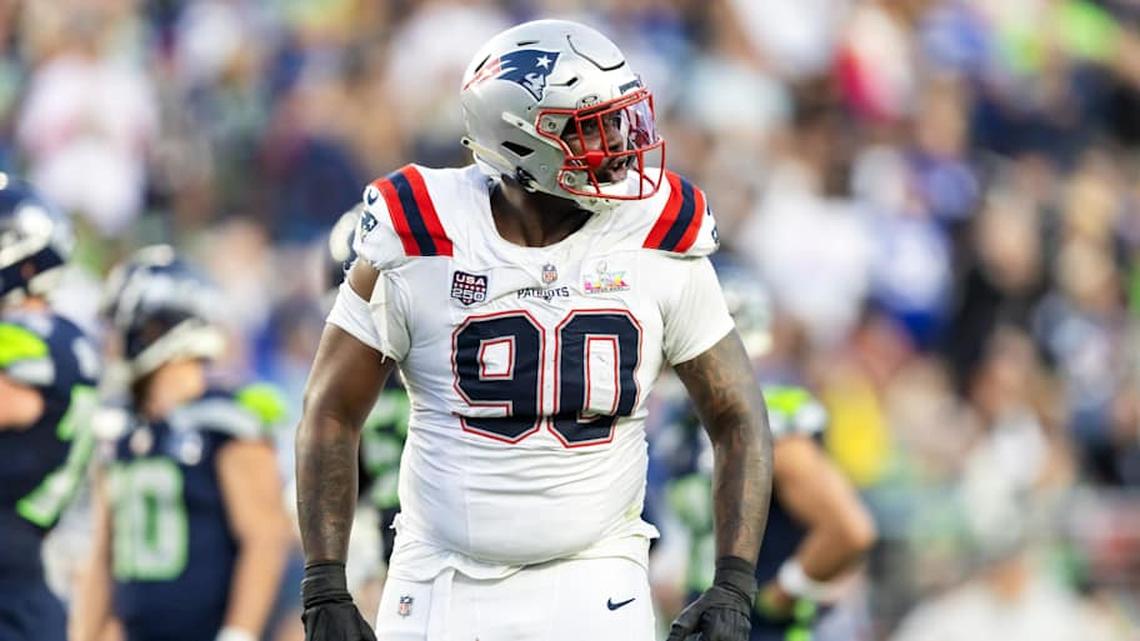  Feb 8, 2026; Santa Clara, CA, USA; New England Patriots defensive tackle Christian Barmore (90) against the Seattle Seahawks during Super Bowl LX at Levi's Stadium. Mandatory Credit: Mark J. Rebilas-Imagn Images | Mark J. Rebilas-Imagn Images 