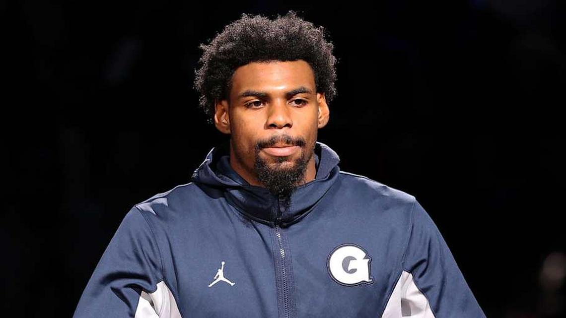  Jan 10, 2026; Washington, District of Columbia, USA; Georgetown Hoyas guard KJ Lewis (5) is introduced before a game against the Seton Hall Pirates at Capital One Arena. Mandatory Credit: Daniel Kucin Jr.-Imagn Images | Daniel Kucin Jr.-Imagn Images 