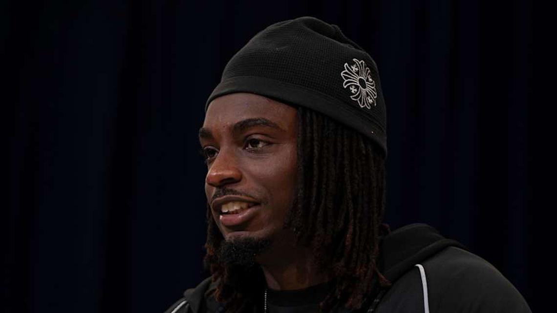  Feb 26, 2026; Indianapolis, IN, USA; Southern California defensive back Bishop Fitzgerald (DB35) speaks to members of the media during the NFL Combine at the Indiana Convention Center. | Jacob Musselman-Imagn Images 