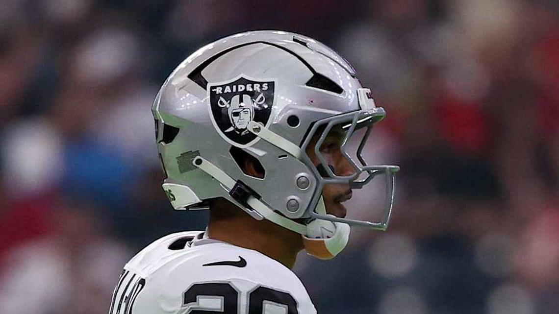  Dec 21, 2025; Houston, Texas, USA; Las Vegas Raiders safety Isaiah Pola-Mao (20) during a television timeout against the Houston Texans in the first quarter at NRG Stadium. Mandatory Credit: Thomas Shea-Imagn Images | Thomas Shea-Imagn Images 