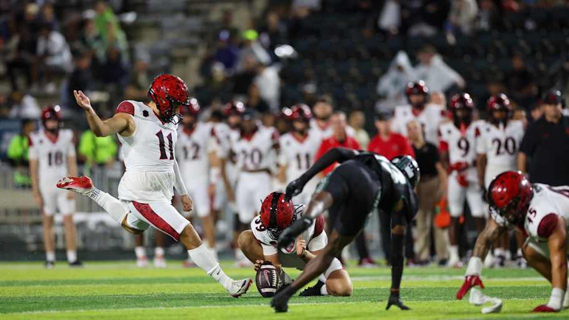  Nov 8, 2025; Honolulu, Hawaii, USA; San Diego State Aztecs place kicker Gabriel Plascencia (11). | Marco Garcia-Imagn Images 
