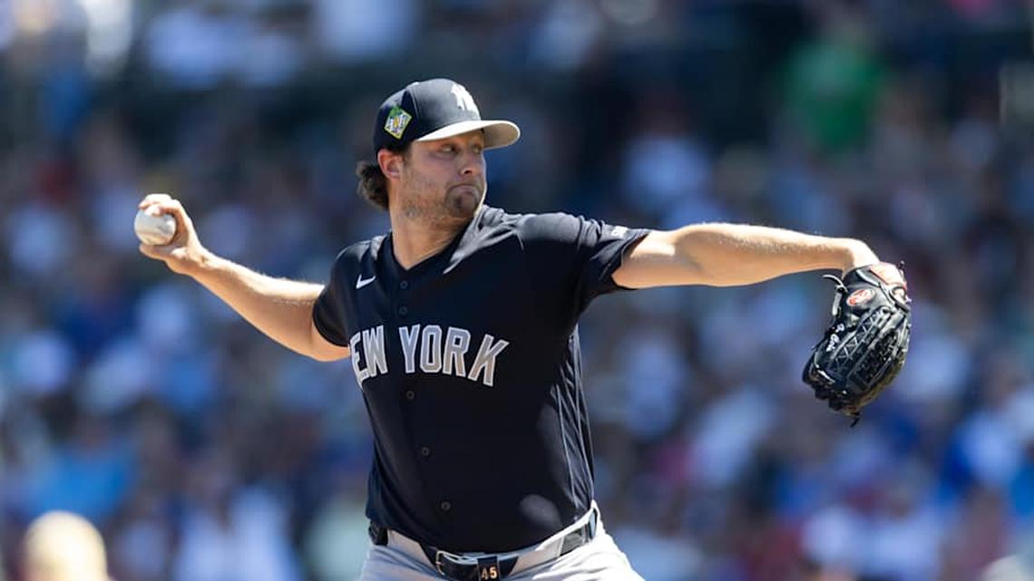  Mar 24, 2026; Mesa, Arizona, USA; New York Yankees pitcher Gerrit Cole against the Chicago Cubs during spring training at Sloan Park. | Mark J. Rebilas-Imagn Images 