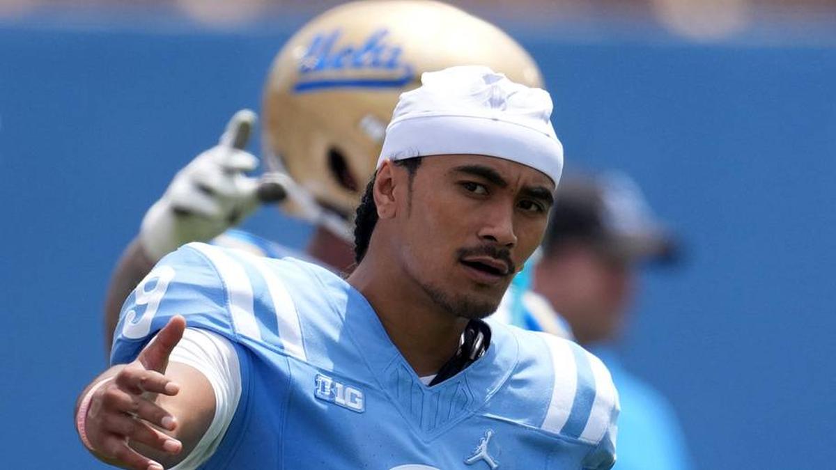  May 2, 2026; Pasadena, CA, USA; UCLA Bruins quarterback Nico Iamaleava (9) reacts during the spring game at Rose Bowl. Mandatory Credit: Kirby Lee-Imagn Images | Kirby Lee-Imagn Images 