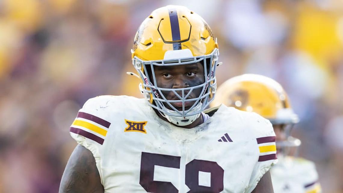 Oct 18, 2025; Tempe, Arizona, USA; Arizona State Sun Devils offensive lineman Max Iheanachor (58) against the Texas Tech Red Raiders at Mountain America Stadium. Mandatory Credit: Mark J. Rebilas-Imagn Images | Mark J. Rebilas-Imagn Images 