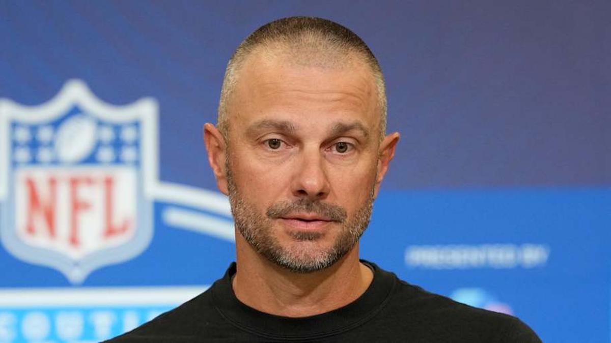  Feb 24, 2026; Indianapolis, IN, USA; Las Vegas Raiders general manager John Spytek speaks at the NFL Scouting Combine at the Indiana Convention Center. Mandatory Credit: Kirby Lee-Imagn Images | Kirby Lee-Imagn Images 