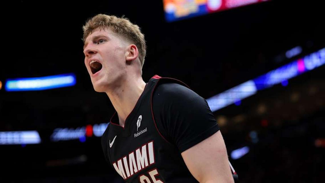  Mar 12, 2026; Miami, Florida, USA; Miami Heat guard Kasparas Jakucionis (25) reacts against the Milwaukee Bucks during the third quarter at Kaseya Center. Mandatory Credit: Sam Navarro-Imagn Images | Sam Navarro-Imagn Images 