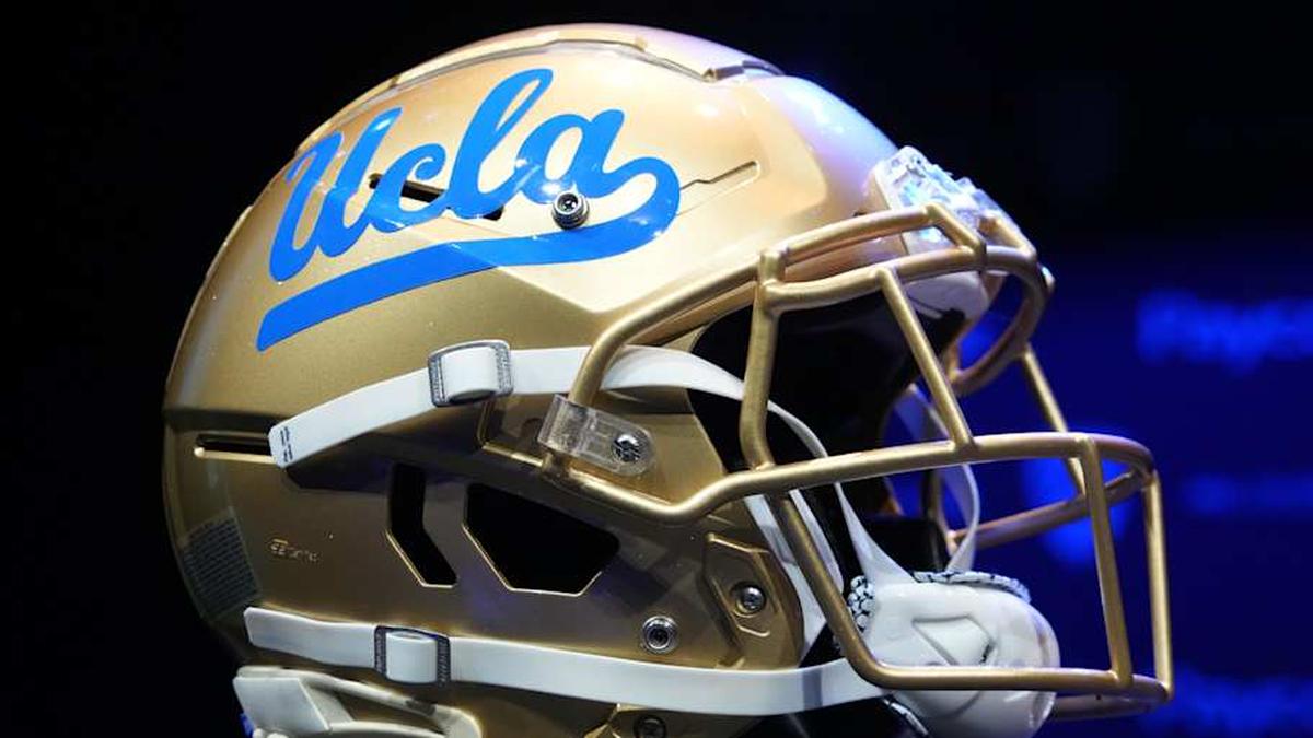  Jul 29, 2022; Los Angeles, CA, USA; A detailed view of UCLA Bruins helmet during Pac-12 Media Day at Novo Theater. Mandatory Credit: Kirby Lee-Imagn Images | Kirby Lee-Imagn Images 