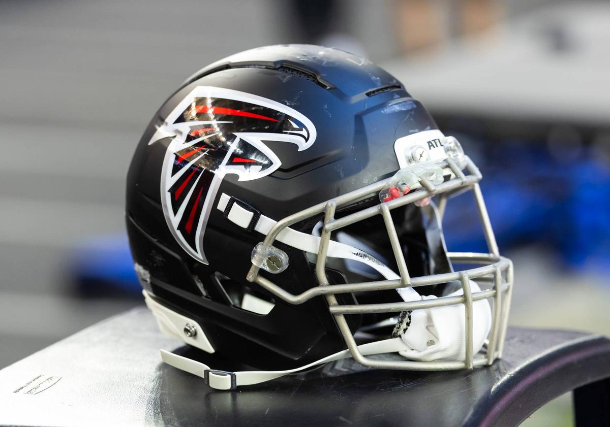  Detailed view of an Atlanta Falcons helmet at State Farm Stadium. 