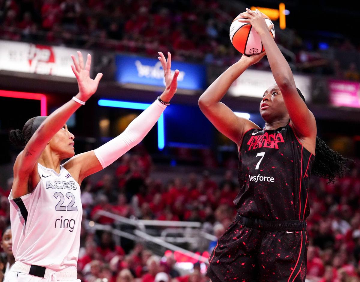  Indiana Fever forward Aliyah Boston prepares to shoot over Las Vegas Aces center A'ja Wilson during Game 4 of the WNBA semifinals at Gainbridge Fieldhouse on Sept. 28, 2025. USA TODAY Network via Reuters Connect