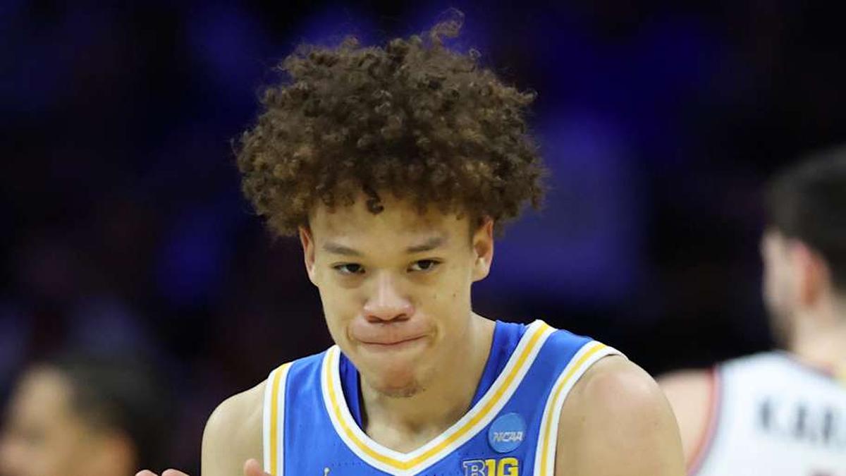  Mar 22, 2026; Philadelphia, PA, USA; UCLA Bruins guard Trent Perry (0) reacts against the UConn Huskies in the first half during a second round game of the men's 2026 NCAA Tournament at Xfinity Mobile Arena. Mandatory Credit: Bill Streicher-Imagn Images | Bill Streicher-Imagn Images 