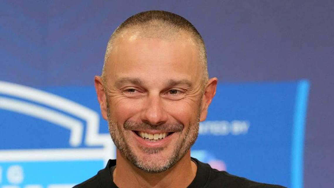  Feb 24, 2026; Indianapolis, IN, USA; Las Vegas Raiders general manager John Spytek speaks at the NFL Scouting Combine at the Indiana Convention Center. Mandatory Credit: Kirby Lee-Imagn Images | Kirby Lee-Imagn Images 
