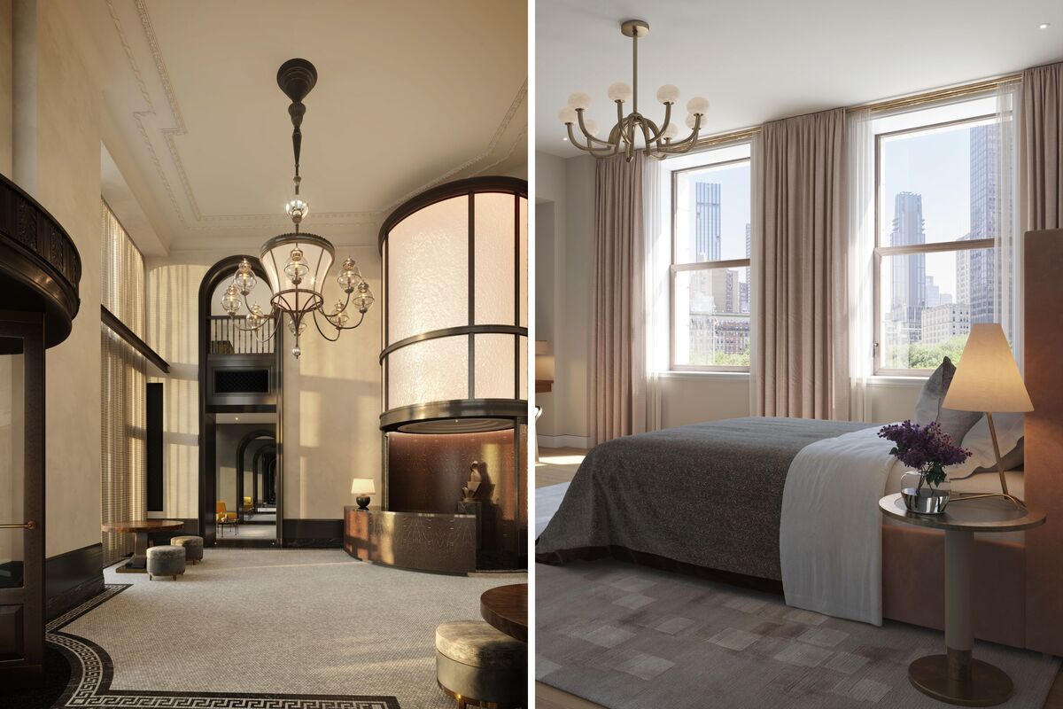  Renderings of the lobby (left) and a bedroom (right) will look like, as part of the Flatiron Building’s transformation into private residences. 