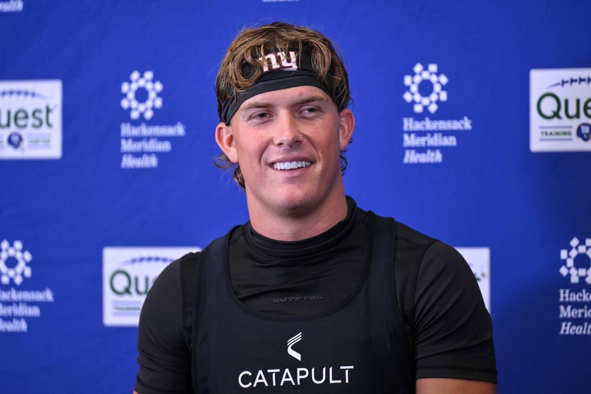 May 21, 2026; East Rutherford, NJ, USA; New York Giants quarterback Jaxson Dart (6) speaks at a press conference during organized team activities at Quest Diagnostics Training Center. Mandatory Credit: John Jones-Imagn Images 