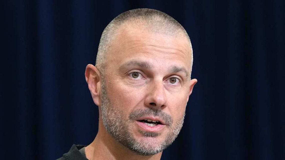  Feb 24, 2026; Indianapolis, IN, USA; Las Vegas Raiders general manager John Spytek speaks at the NFL Scouting Combine at the Indiana Convention Center. Mandatory Credit: Kirby Lee-Imagn Images | Kirby Lee-Imagn Images 