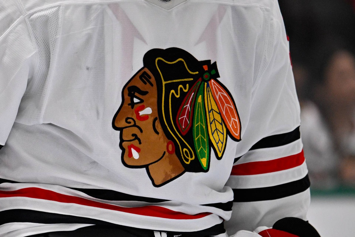  Oct 26, 2024; Dallas, Texas, USA; A view of the logo on the jersey of Chicago Blackhawks goaltender Petr Mrazek (34) during the game between the Dallas Stars and the Chicago Blackhawks at American Airlines Center. Mandatory Credit: Jerome Miron-Imagn Images 