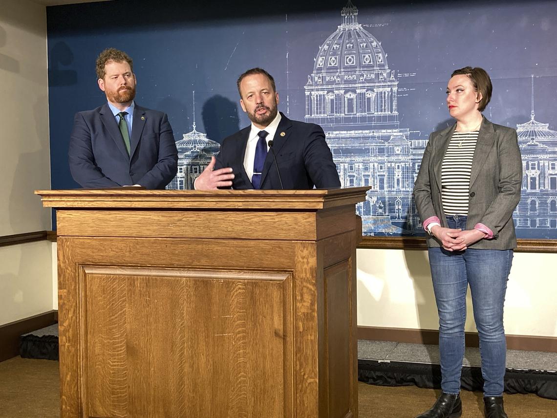  Minnesota state Sen. Matt Klein, D-Mendota Heights, speaks at a news conference at the state Capitol in St. Paul, Minnesota, on February 21, 2023, about legislation he has introduced to legalize sports betting in Minnesota under the control of tribal casinos. (AP Photo/Steve Karnowski) 