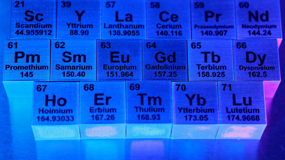 Blocks with symbols and atomic numbers of Rare Earth Elements (REE), in this illustration taken January 21, 2026. REUTERS/Dado Ruvic/Illustration