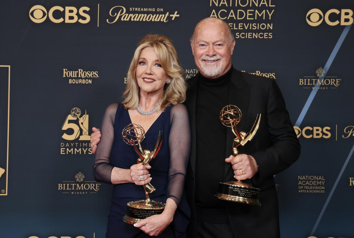 Melody Thomas Scott and Edward J. Scott with their Lifetime Achievement Daytime Emmy Awards in 2024Rodin Eckenroth/Getty