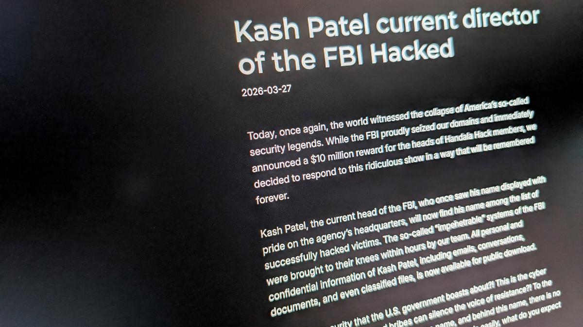 FILE PHOTO: The website used by the Handala Hack Team, an Iran-linked hacker group which has claimed credit for the breach of FBI Director Kash Patel?s personal email, is shown on a screen in Washington D.C., U.S., March 27, 2026. REUTERS/Raphael Satter/File Photo