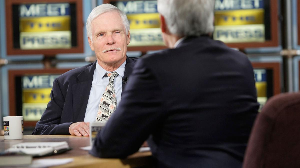 CNN founder Ted Turner, left, is interviewed by Tom Brokaw on "Meet the Press" at the NBC studios on Nov. 23, 2008, in Washington, D.C. (Alex Wong/Getty Images for Meet the Press/TNS)