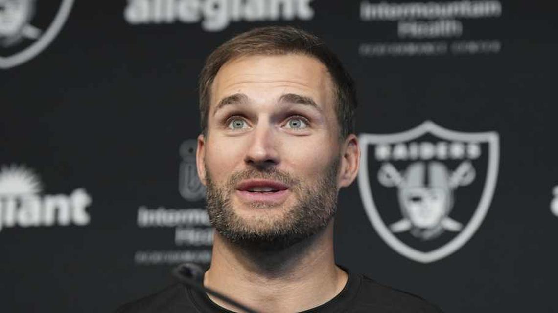  Apr 8, 2026; Las Vegas, NV, USA; Las Vegas Raiders quarterback Kirk Cousins speaks at a press conference at Intermountain Health Performance Center. Mandatory Credit: Candice Ward-Imagn Images | Candice Ward-Imagn Images 
