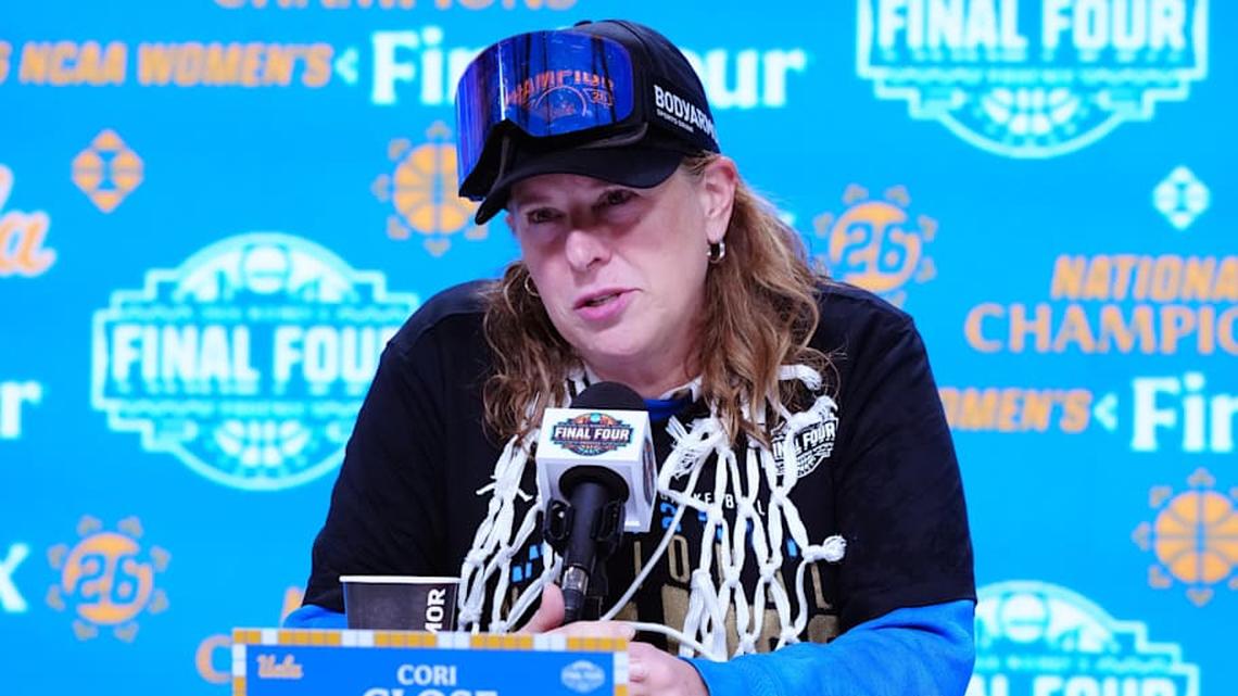  Apr 5, 2026; Phoenix, AZ, USA; UCLA Bruins head coach Cori Close speaks in a press conference after defeating the South Carolina Gamecocks during the National Championship game of the women's 2026 NCAA Tournament at Mortgage Matchup Center. Mandatory Credit: Kirby Lee-Imagn Images | Kirby Lee-Imagn Images 